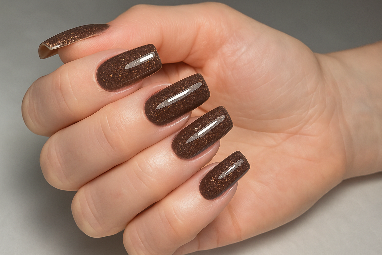 Marrom com glitter nas unhas